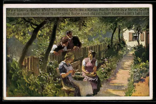 Künstler-AK P. Hey, Volksliederkarte Nr. 66: Wo e klein`s Hütt`le steht, Flirt am Gartenzaun
