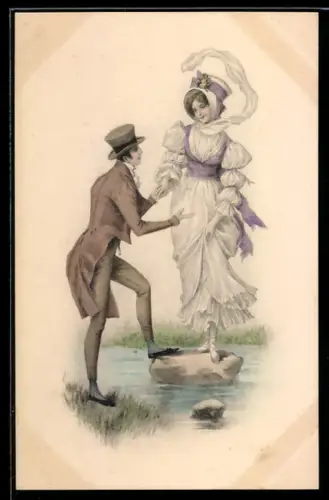 Künstler-AK M. Munk Nr. 391: Herr hilft einer eleganten Dame über einen Wasserlauf