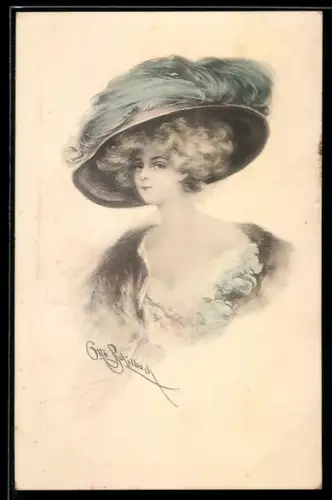 Künstler-AK Schilbach: Junge Dame mit riesigem Hut und einem Pelz um ihr Sommerkleid