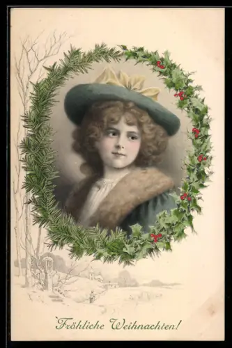 Künstler-AK M. Munk Nr. 476: Junge Dame im Portrait mit grossem Hut und Pelzmantel, Weihnachtsgrücke