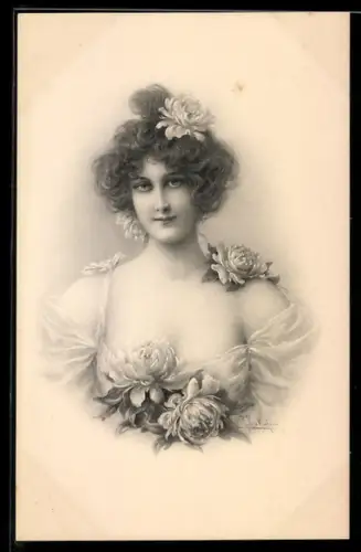 Künstler-AK Wichera: Frau in weissem Kleid, geschmückt mit Blumen