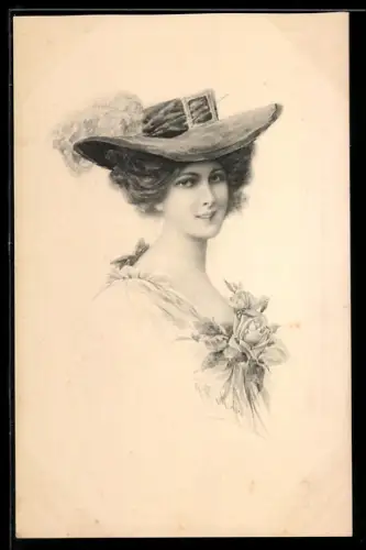 Künstler-AK Wichera, M. Munk Nr. 450: Dame mit Federhut und Rosen