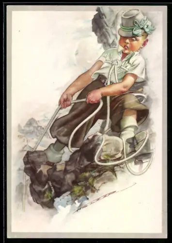 AK Ein Junge beim Bergsteigen mit einem Seil an einem Felsen