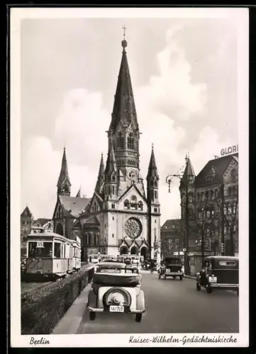 AK Berlin-Charlottenburg, Kaiser-Wilhelm-Gedächtniskirche, Strassenbahn