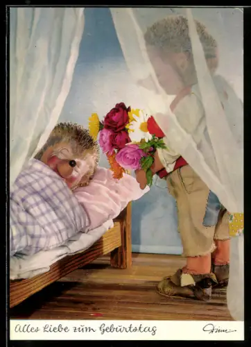 AK Mecki überrascht seine schlafende Frau mit Blumen, Alles Liebe zum Geburtstag!