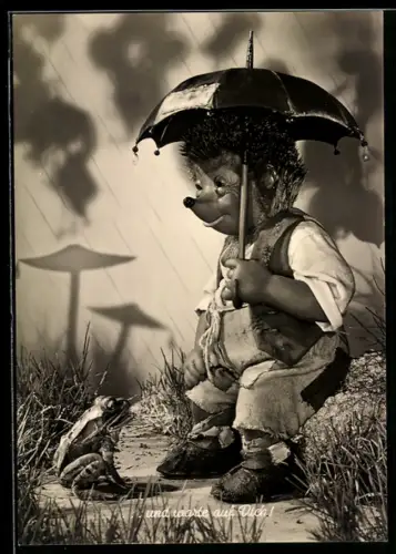 AK Igel Mecki mit Frosch und Regenschirm