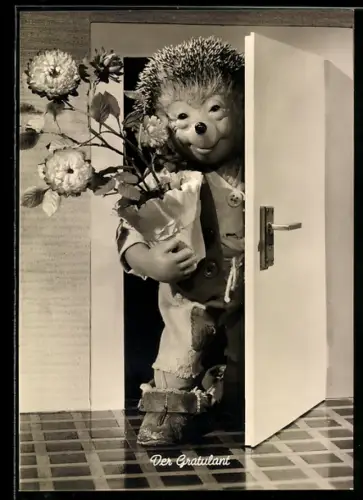 AK Der Gratulant, Mecki kommt mit einem Blumenstock zum gratulieren