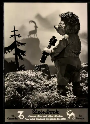 AK Mecki mit Fernglas schaut in die Ferne, Sternzeichen Steinbock