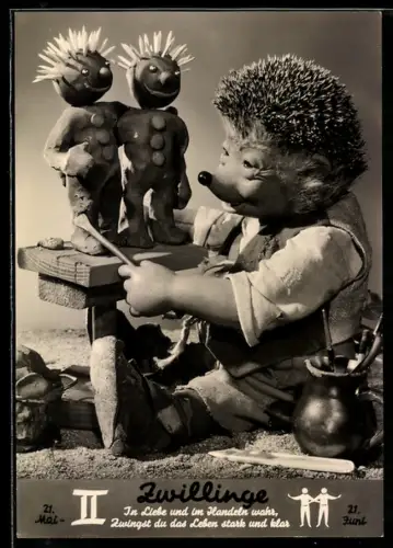 AK Igel Mecki modelliert Knetmännchen, Sternzeichen: Zwillinge, 21.5. - 21.6.