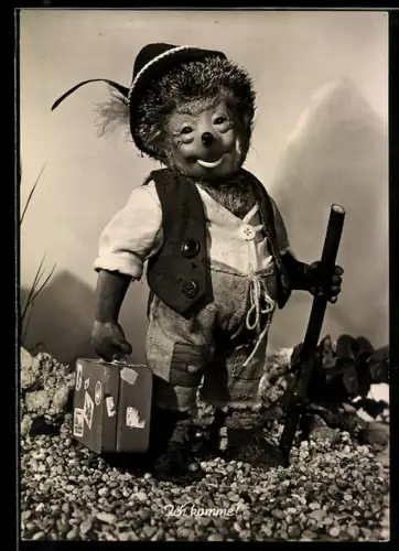 AK Igel Mecki mit Koffer beim Wandern