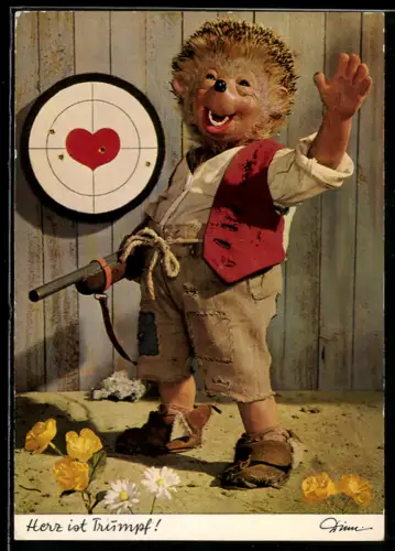 AK Igel Mecki mit Gewehr an der Liebes-Zielscheibe