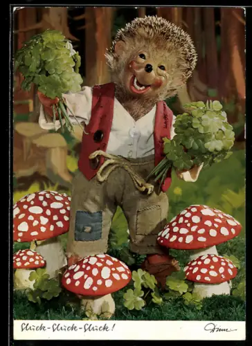 AK Mecki mit Fliegenpilzen und Kleeblättern, Glück-Glück-Glück!