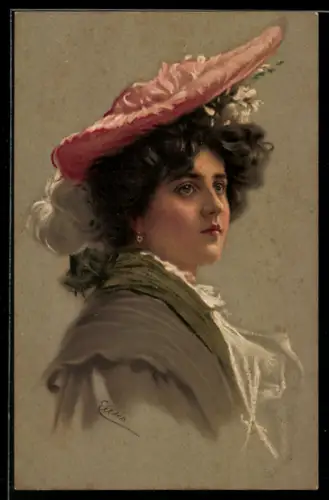 Künstler-AK M. Munk Nr. 400: Seitenportrait einer Dame mit rosarotem Hut