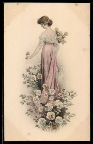 Künstler-AK M. Munk Nr. 398: Fräulein pflückt Blumen