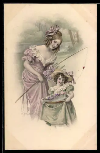 Künstler-AK H.Schubert: Mutter beim Angeln mit ihrer Tochter
