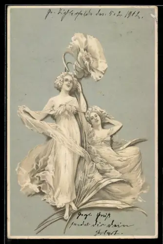 Künstler-AK Zwei Frauen mit einer Blume in voller Pracht, Jugendstil