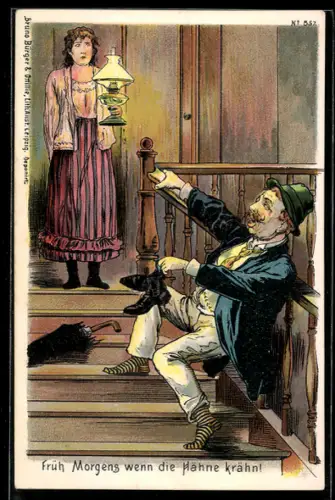 Künstler-Lithographie Bruno Bürger & Ottillie Nr. 857: Zecher wird von Gattin erwartet