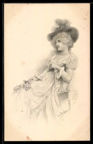 Künstler-AK Wichera: Sitzende Dame mit Rosen in der Hand