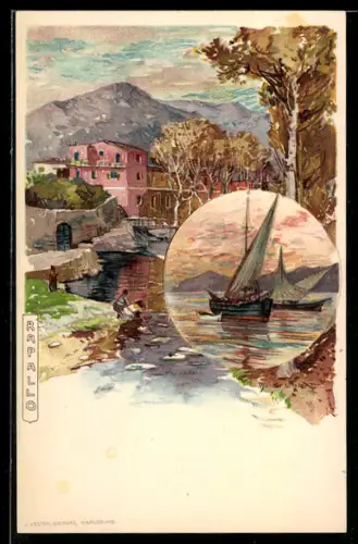 Künstler-AK Rapallo, Paesaggio fluviale con barca a vela e case colorate