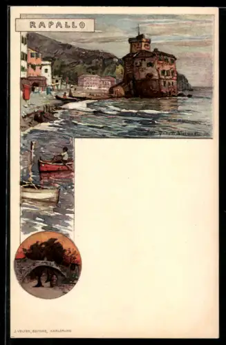 Künstler-AK Manuel Wielandt: Rapallo, Uferpartie & Brücke