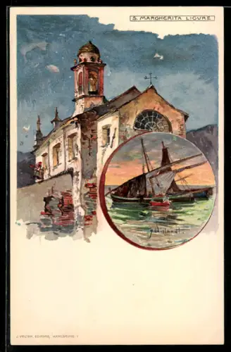 Künstler-AK S. Margherita Ligure, Chiesa storica e barca a vela sul mare