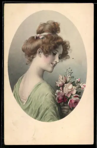 Künstler-AK M. Munk Nr. 718: Dame mit Blumenstrauss