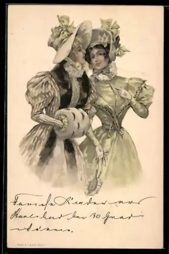 AK Zwei junge Damen in pompösen Kleidern und Schleifenhüten