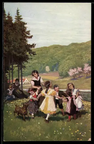 Künstler-AK P. Hey, Volksliederkarte Nr. 21: Alles neu macht der Mai, Mutter und Kinder tanzen auf einer Wiese