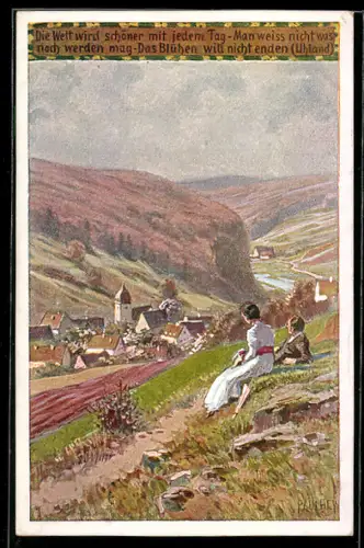 Künstler-AK Paul Hey: Frühling, Liebespaar schaut ins Dorf hinab