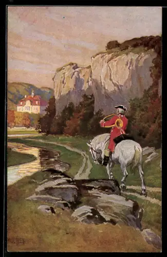 Künstler-AK P. Hey: Volksliederkarte Nr. 22, Es blies ein Jäger wohl in sein Horn