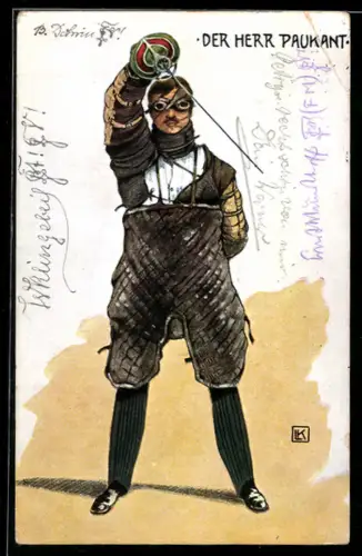 Künstler-AK Der Herr Paukant, Student in voller Montur für die Mensur mit Korbschläger