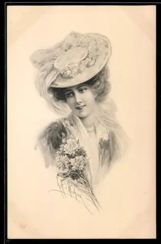 Künstler-AK Wichera: Portrait einer attraktiven Frau mit Hut und einem Nelkenstrauss