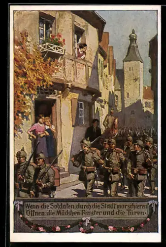 Künstler-AK P. Hey: Nr. 2, Soldaten marschieren durch die Stadt, Verein für das Deutschtum im Ausland