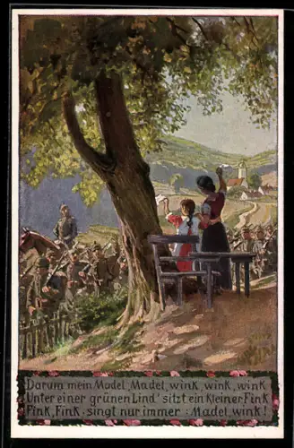 Künstler-AK P. Hey: Mutter und Kind verabschieden die Soldaten, Verein für das Deutschtum im Ausland