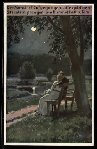 Künstler-AK P. Hey, Volksliederkarte Nr.: 63, Paar sitzt auf Bank