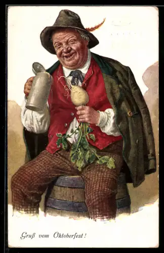 AK Mann mit Bierkrug und Radi sitzt auf einem Fass, Trinkerhumor