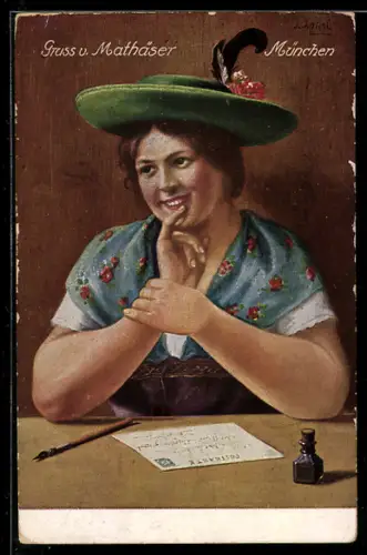 AK München, Gasthaus Mathäser-Bräu, Frau schreibt eine Postkarte, Ansichtskartengeschichte, Brauerei-Werbung