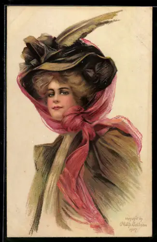 AK Elegante Dame mit Hut und blauem Kostüm