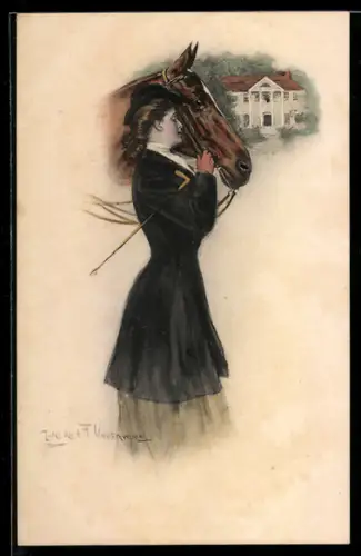 Künstler-AK Clarence F.Underwood: Junge Reiterin mit ihrem Pferd