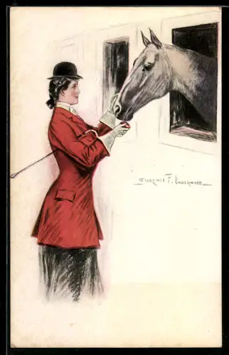 Künstler-AK Clarence F. Underwood: Elegante Reiterin gibt Pferd im Stall einen Apfel