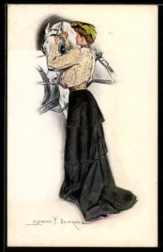 Künstler-AK Clarence F.Underwood: Schöne Frau und Schimmel