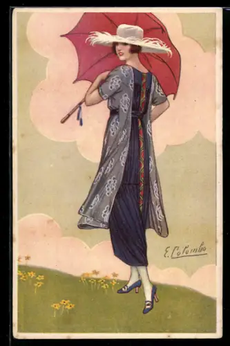 Künstler-AK E. Colombo: Dame mit roten Schirm und weissen Hut