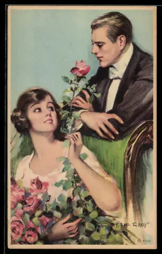 Künstler-AK F. Earl Christy: Junge Dame mit einem Strauss Rosen, dahinter ein Mann im Frack