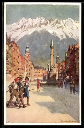 Künstler-AK Edo v. Handel-Mazzetti: Innsbruck, Maria Theresiensäule mit Anna Säule gegen die Nordkette