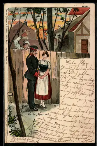 Künstler-AK Bruno Bürger & Ottillie Nr. 895: Warte, Krause!, Zipfelmützenträger erwischt Soldat mit seinem Mädchen