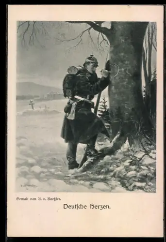 AK Soldat ritzt ein Herz in die Rinde, deutsche Herzen