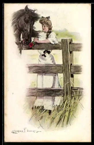 Künstler-AK Clarence F.Underwood: Tierfreundschaft, eine junge Frau steht am Holzzaun bei ihrem Pferd
