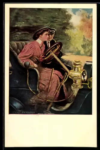 Künstler-AK Clarence F. Underwood: Ehepaar bei Autofahrt