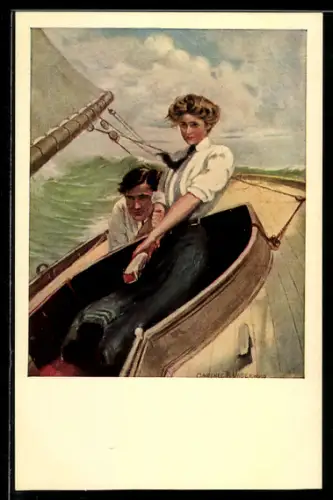Künstler-AK Clarence F. Underwood: Ehepaar beim Segeln