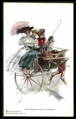 Künstler-AK Harrison Fisher: The American Girl in Ireland, Amerikanerin in Irland auf Kutsche